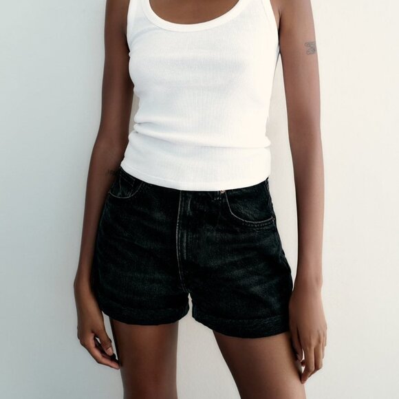 NEW Zara Women's MOM FIT HIGH WAIST RIGID DENIM SHORTS Black - Picture 2 of 4